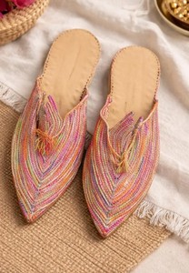Set of 2 Handmade Moroccan <b>Raffia</b> Babouche Slippers – Handwoven Multicolor & Blue <b>Raffia</b> <b>Sandals</b> - Boho Shoes - Product Image 1