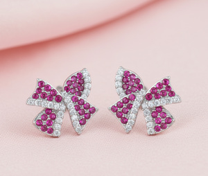 Boucles d'oreilles à nœud papillon mignonnes en argent 925 avec micro-incrustation de rubis, bijoux pour femmes à porter au quotidien - Product Image 4