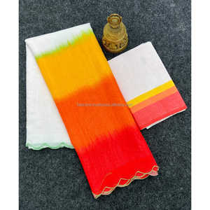 Linen Digital Print <b>Saree</b> Yellow and <b>Red</b> Party Wear - Product Image 2