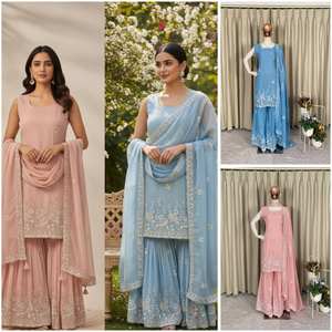 Conjunto de traje étnico para mujer, completamente cosido, con top de georgette de diseñador, bordado con lentejuelas, sharara y dupatta, ideal para fiestas. - Product Image 3