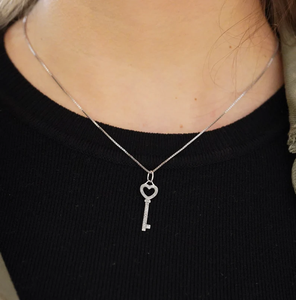 Solid Rose Gold Plated <b>Key</b> Pendant Necklace With Heart Cutout Classic Alloy Chain Unisex Everyday Wear - Product Image 1