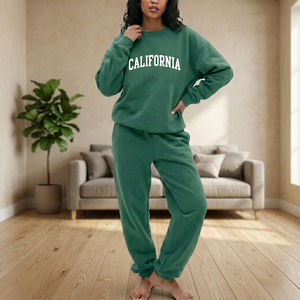 Ensemble sweat-shirt et jogging pour femme, vert forêt, motif CALIFORNIA, en molleton épais de qualité supérieure, coupe ample, deux pièces, tenue décontractée - Product Image 1