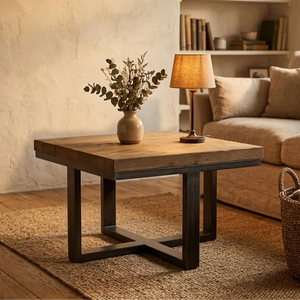 Table basse Billi de qualité supérieure en bois recyclé avec structure en métal robuste, table d'appoint carrée, meubles de salon, design moderne minimaliste - Product Image 2