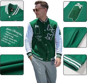 Chaqueta Varsity Unisex Verde con Letras ATM Bordadas, Mangas Blancas, Estilo Preppy, Cuello Alto, Corte Regular, Ropa de Invierno, Resistente al Viento - Product Image 4