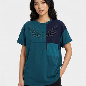 T-shirt décontracté pour homme à manches courtes en tricot color-block, col rond, coupe classique, 100% coton, imprimé bleu sarcelle et bleu marine - Product Image 4