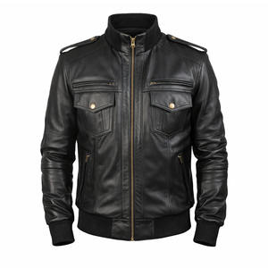 Blouson en cuir noir style vintage pour homme, col côtelé, poches utilitaires, veste de motard tendance, direct usine - Product Image 1