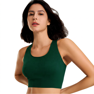 Soutien-gorge de sport côtelé noir à maintien élevé pour femme, haut court, vêtements de yoga et de fitness - Product Image 2