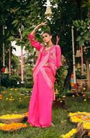 Setelan Pesta Etnik Wanita: Lehenga Saree Shimmer Bandhani Pallu, Blus Polos, Jaket Koti Bersulam, Sudah Dijahit