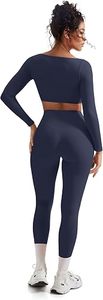 Women Seamless Yoga Set Square Neck Long <b>Sleeve</b> <b>Crop</b> <b>Top</b> High Waist Leggings Solid Color Breathable Activewear 2 Piece Set - Product Image 3