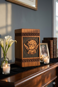 Urne funéraire en bois brun de style européen avec motif d'ange pour bébé, personnalisable - Product Image 3