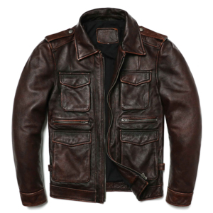 Chaqueta de Cuero Genuino Vintage Marrón para Hombre, Chaqueta de Motociclista Casual de Piel de Vaca Premium, Chaqueta de Motociclista Retro con Múltiples Bolsillos - Product Image 1