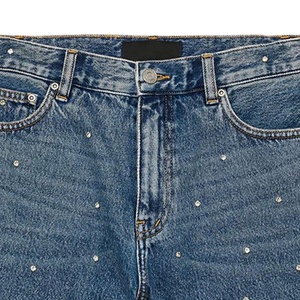 Allover Rhinestones Custom mujer Vintage Blue Denim Shorts con Rhinestones Hem Streetwear OEM - Product Image 5