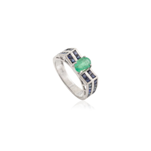 Best Selling Oval Shape <b>Emerald</b> & Princess Cut Blue Sapphire Statement Fine 925 <b>Silver</b> Double Layer Unisex <b>Ring</b> - Product Image 3