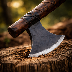หัวขวานโทมาฮอว์กทำมือสไตล์อินดัสเทรียล DIY พร้อมใบมีดเหล็กคาร์บอนและด้ามไม้ในปลอกหนัง - Product Image 3