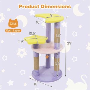 Arbre à chat violet de 29 pouces avec 4 niveaux, poteaux à gratter en jute et dispositif anti-basculement pour chatons et chats adultes, motif lune et étoile - Product Image 3