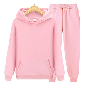 Ensemble survêtement rose à capuche pour femme, couleur unie, décontracté, pantalon long à cordon de serrage, 100 % coton, pour l'automne - Product Image 3