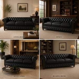 Eco-Friendly Top Grain Leather Chesterfield <b>Sofa</b> with Deep Button Tufting and Solid <b>Wood</b> <b>Frame</b> Leather <b>Sofa</b> - Product Image 5