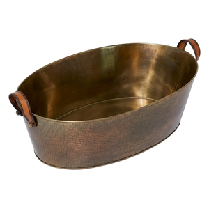 Bañera ovalada de bronce antiguo con textura de cocodrilo y asas envueltas en cuero, moderna, para bebidas, cerveza, vino, para fiestas y bodas. - Product Image 3