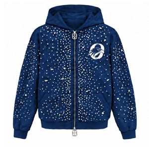 Sweat-shirt à capuche bleu marine entièrement zippé, orné de perles et de cristaux, style streetwear tendance, à manches longues avec poche avant - Product Image 1