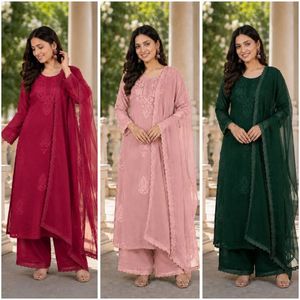 Ensemble haut en georgette brodé Fox Blooming avec pantalon palazzo et dupatta à bordure en dentelle pour femme, idéal pour les fêtes, les mariages et les occasions festives - Product Image 5