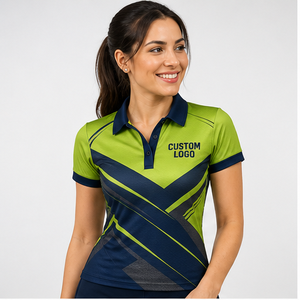 Polo Personalizado para Mujer con Estampado de Rayas Cruzadas en Verde Lima y Azul Oscuro, de Secado Rápido, Transpirable, Manga Corta, Uniforme de Golf, WPS-0809 - Product Image 1
