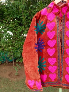 <b>Velvet</b> Bomber <b>Jacket</b> With Pink Heart And Floral Hand Embroidery For <b>Men</b> Women Winter Outerwear - Product Image 2