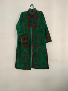 Elegant <b>Women</b> Green <b>Velvet</b> Suzani Long <b>Jacket</b> Floral Embroidered Full Sleeve Stand Collar Bohemian Ethnic Style Winter Outerwear - Product Image 1