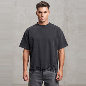 Camiseta Oversize para Hombre, Estilo Grunge Desgastado, Lavado Ácido, Algodón Vintage, Cuello Redondo, Casual, Streetwear - Product Image 1