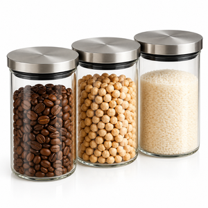 Clear Glass Storage <b>Canister</b> <b>Set</b> with Stainless Steel Lids and Sealing Rings | Modern Kitchen Pantry Organizer for Food Storage - Product Image 1