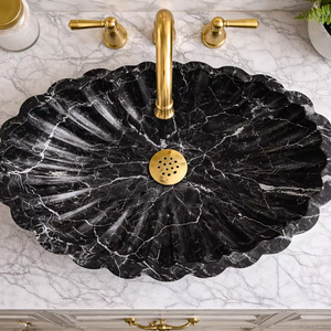Vasque en marbre noir Nero Marquina, design floral en marbre noir de luxe, lavabo fait main, vasque de salle de bain moderne, lavabo à poser sur comptoir - Product Image 1