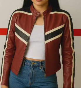 Sporty PU <b>Racer</b> <b>Jacket</b> With Color Blocking Stripes Stand Collar Zipper Closure Slim Fit Short Length Unisex Autumn Wear - Product Image 4