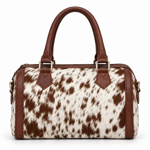 <b>Real</b> Cowhide <b>Leather</b> Speedy Bag Western Travel <b>Handbag</b> Vintage Brown Trim Top Handle Boston Duffel Purse Fashion Cowgirl Bag - Product Image 1