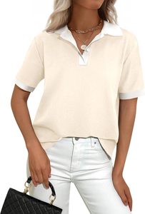 Polo de Manga Corta Color Verde Oliva para Mujer, Tejido de Punto, Cuello con Ribete Blanco, Estilo Casual, Largo Regular - Product Image 6