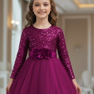 Elegantes Vestidos de Fiesta para Niñas con Lentejuelas y Manga Larga, Vestidos de Tul con Bordado de Terciopelo de Lujo, Vestidos Morados para Damas de Honor en Bodas y Fiestas - Product Image 4