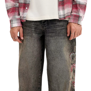 Jean en denim noir délavé pour homme, coupe ample, jambe droite, brodé, uni, style streetwear décontracté, vintage, mode quotidienne, printemps - Product Image 3
