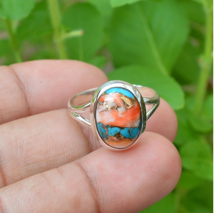 Spiny Oyster Gemstone <b>Ring</b> Handmade Orange Shell Stone <b>Ring</b> Vintage Boho <b>Statement</b> Jewelry Natural Oyster Shell <b>Ring</b> - Product Image 2