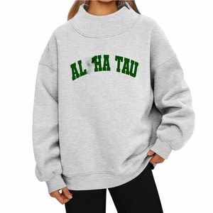 Custom Logo Women <b>Mock</b> <b>Neck</b> Sweatshirt ALPHA / TAU Chenille Patch Embroidered College University Greek Apparel Cotton Fleece - Product Image 1
