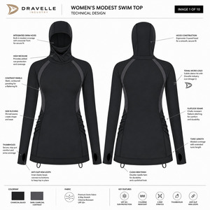 Haut de maillot de bain intégré avec capuche hijab, manches longues, résistant au chlore, UPF 50+, tunique burkini - Product Image 5