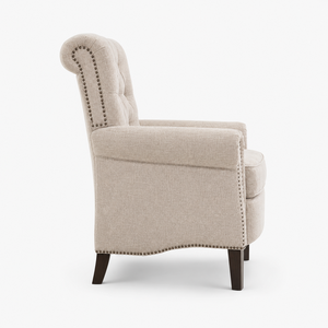 Elegante Sillón Beige con Respaldo de Orejas, Brazos Enrollados, Detalles de Tachuelas, Asiento Acolchado y Patas de Madera Oscura para Decoración del Hogar - Product Image 2