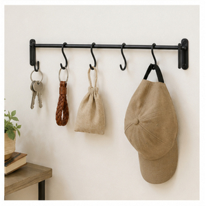 Premium Wall-Mounted Kitchen Organizer Rack with S-<b>Hooks</b> Matte Black Iron Hanging Rail for Pots Pans Mugs & Utensils - Product Image 3