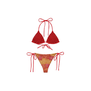 <b>Red</b> Solid Color Spandex/Cotton Breathable Bikini Beaded Halter Neckline Strappy Side Tie 2-Piece Set Women Swimsuit Beachwear - Product Image 1