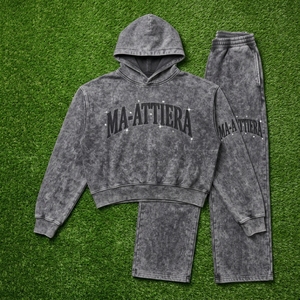 Conjunto de Sudadera con Capucha y Pantalones Jogger para Mujer, Color Gris Carbón, Lavado Ácido, Algodón y Felpa, Ropa Deportiva Urbana, Venta al Por Mayor OEM - Product Image 5