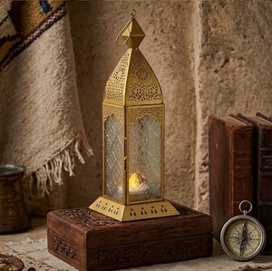 Gold Polished Brass Metal Moroccan <b>Tall</b> Square Candle <b>Lantern</b> Perforated Cutout Steeple Roof Embossed Textured Glass - Product Image 3