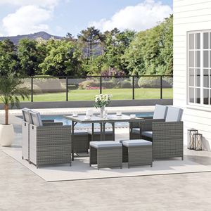 Set di Mobili da Esterno in Rattan Grigio a 9 Pezzi Salvaspazio con Tavolo e Sedie per Patio o Uso Ospedaliero con Cuscini - Product Image 2