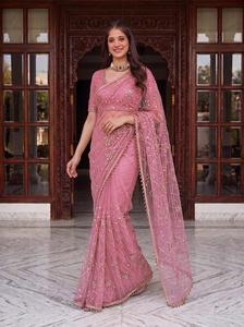 Sari indien traditionnel ethnique de créateur pour mariage, avec broderie en résille lourde et travail de sequins, pour femme, coupe tendance - Product Image 4