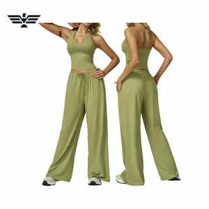 Ensemble de yoga 2 pièces uni pour femme, haut court dos nu à col en V et pantalon large taille haute, respirant, en Spandex et Polyester, avec cordon de serrage - Product Image 2