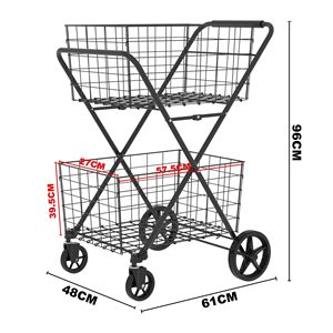 Chariot de courses pliable à 2 niveaux sur roues, chariot utilitaire à double panier avec rotation à 360 degrés - Product Image 2