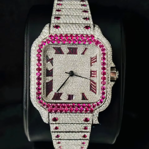 Reloj de Lujo para Hombre, Estilo Hip Hop, con Piedras de Rubí Rosa de Alta Calidad, Números Romanos Plateados Vintage, Automático, con Incrustaciones de Moissanita - Product Image 1