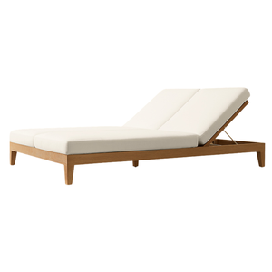 Chaise longue double moderne en teck massif avec dossier réglable et pieds coniques, transat manuel inclinable pour piscine extérieure, mobilier minimaliste - Product Image 1