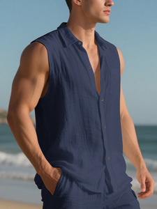 <b>Mens</b> Cotton-polyester Sleeveless <b>Shirt</b> Casual Button Down Collar European American Summer <b>Beach</b> Top ODM - Product Image 1